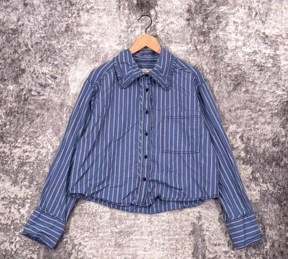 Free People Top Large Womens Moxley Striped Cropped Button Shirt